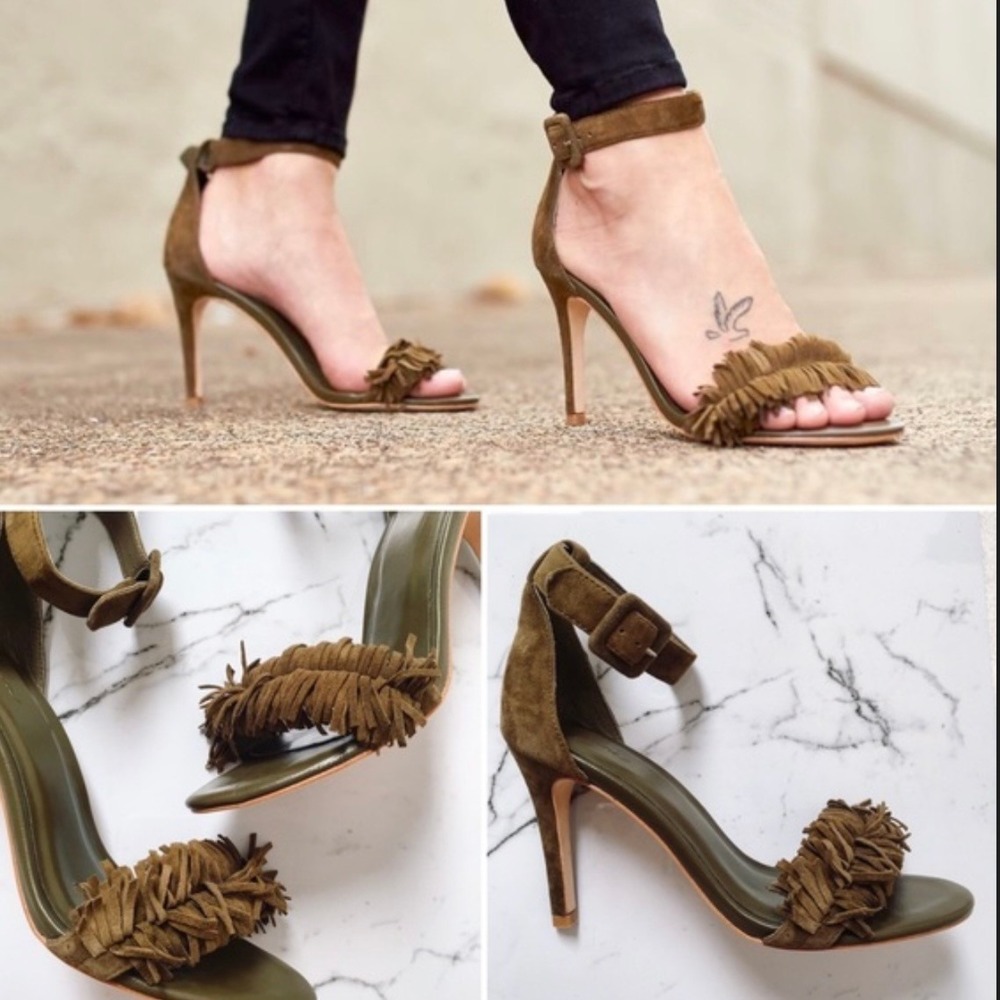 Joie Olive Green Pippi Suede Open Toe Fringe Heels‎ - 5.5/6 & 36 EUR